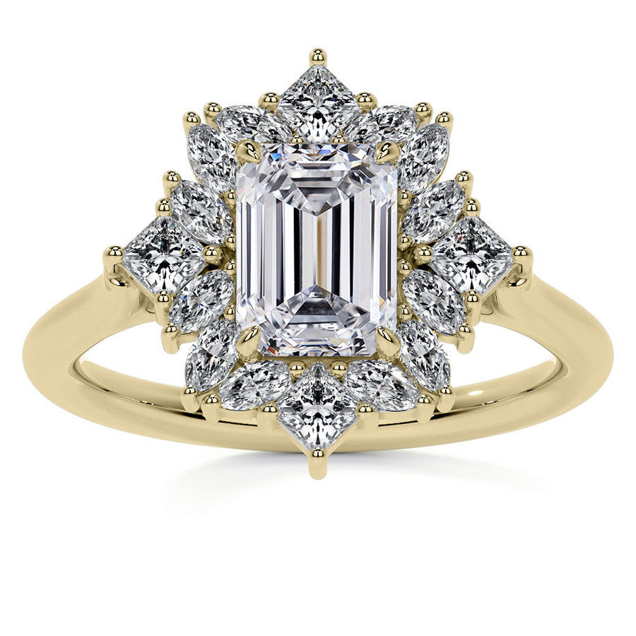 Geometric Halo Emerald / Radiant Moissanite Cathedral Engagement Ring
