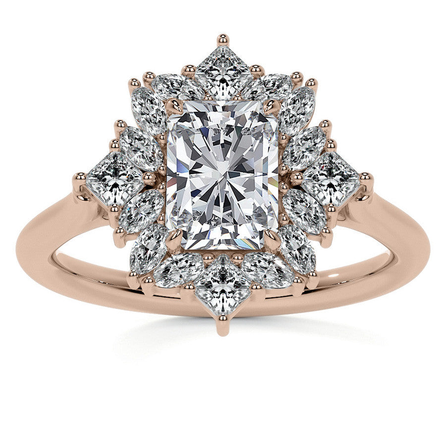 Geometric Halo Emerald / Radiant Moissanite Cathedral Engagement Ring