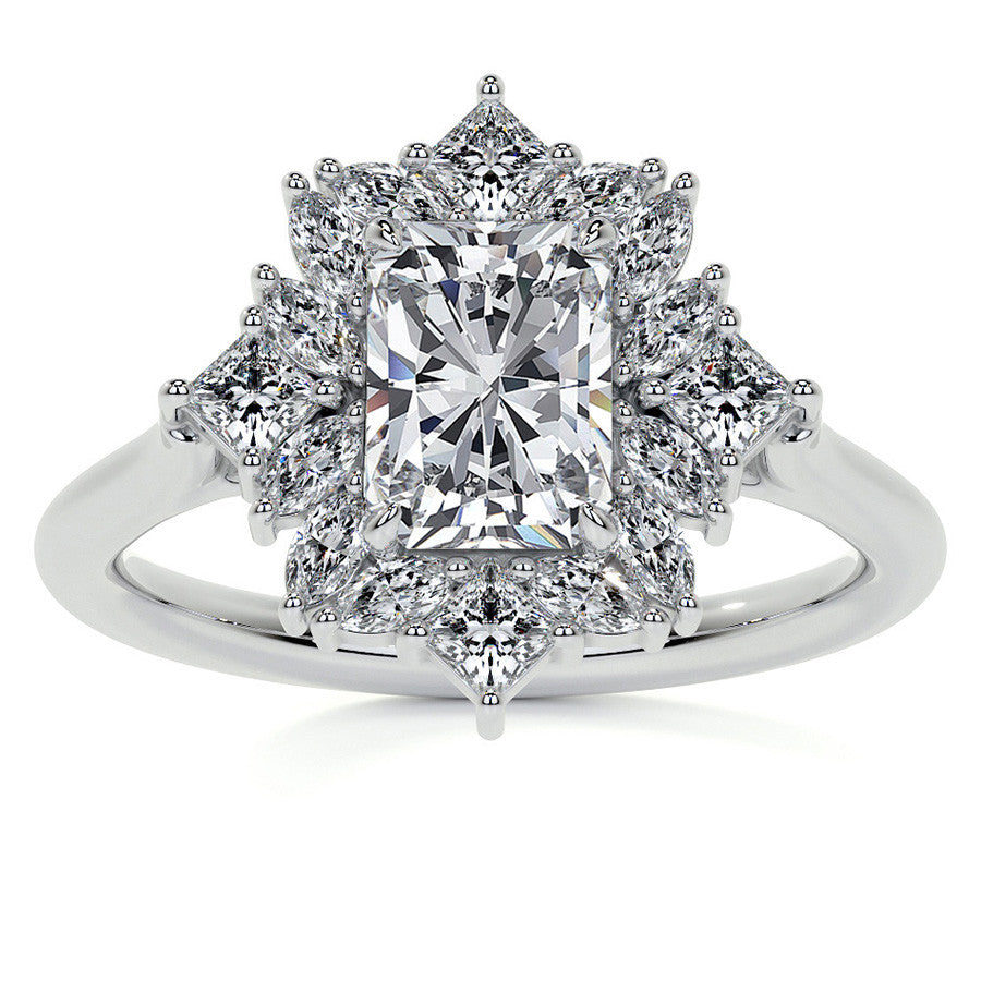 Geometric Halo Emerald / Radiant Moissanite Cathedral Engagement Ring
