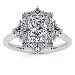 Geometric Halo Emerald / Radiant Moissanite Cathedral Engagement Ring