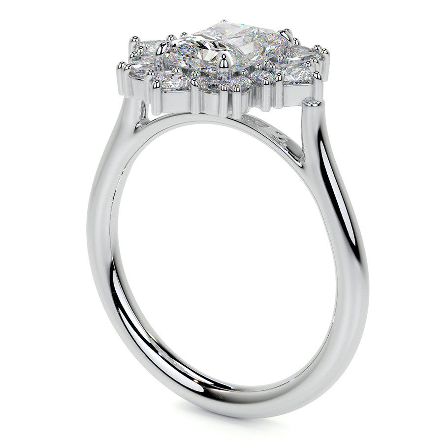 Geometric Halo Emerald / Radiant Moissanite Cathedral Engagement Ring