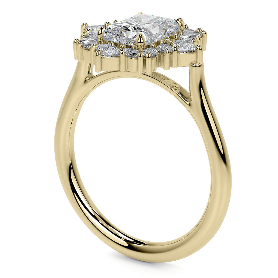 Geometric Halo Emerald / Radiant Moissanite Cathedral Engagement Ring