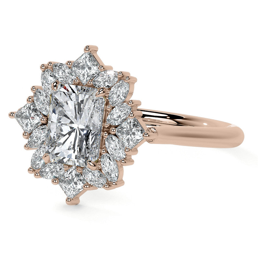 Geometric Halo Emerald / Radiant Moissanite Cathedral Engagement Ring