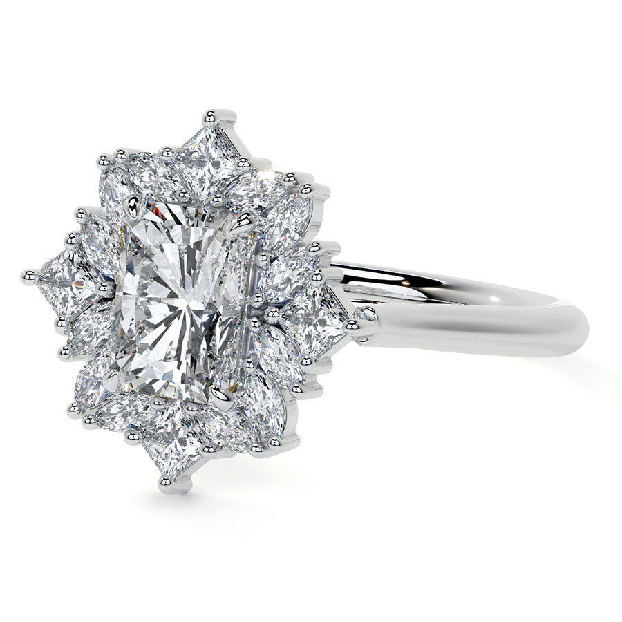 Geometric Halo Emerald / Radiant Moissanite Cathedral Engagement Ring