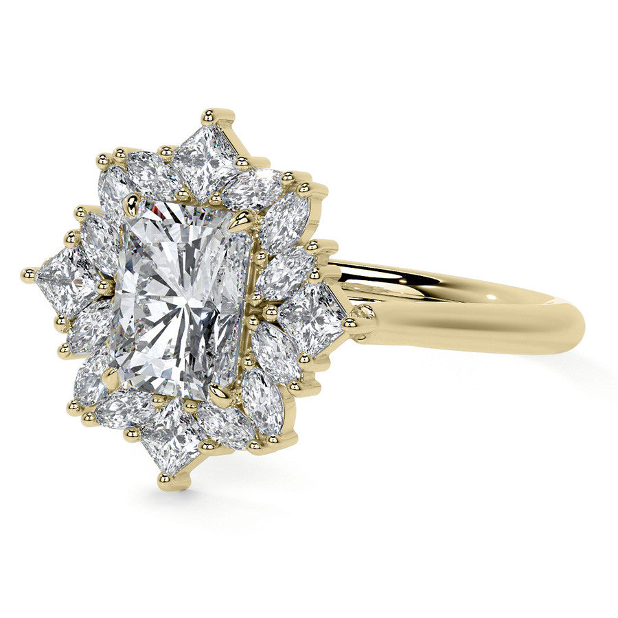 Geometric Halo Emerald / Radiant Moissanite Cathedral Engagement Ring