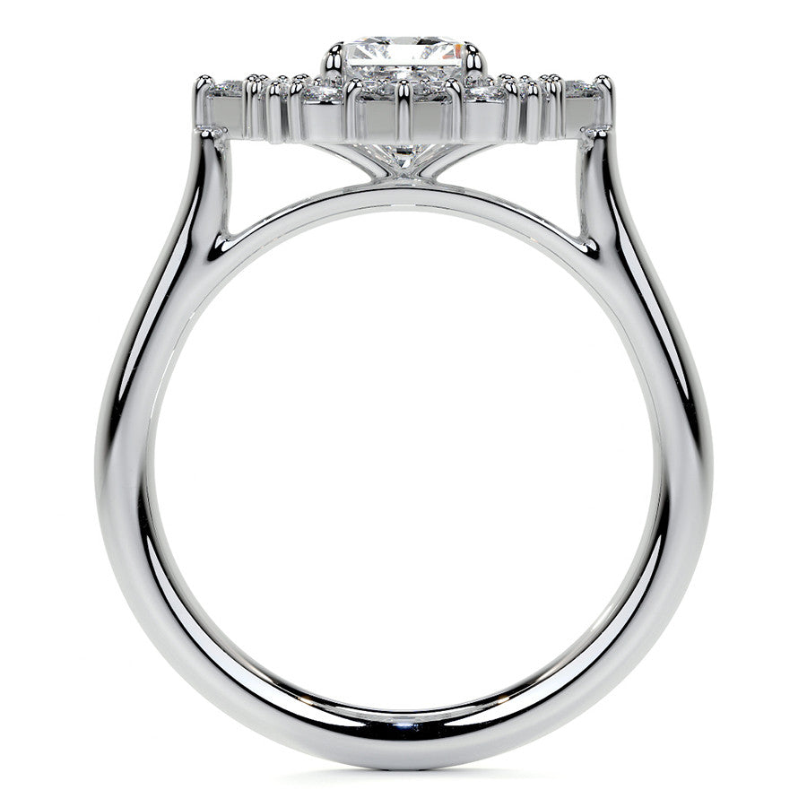 Geometric Halo Emerald / Radiant Moissanite Cathedral Engagement Ring