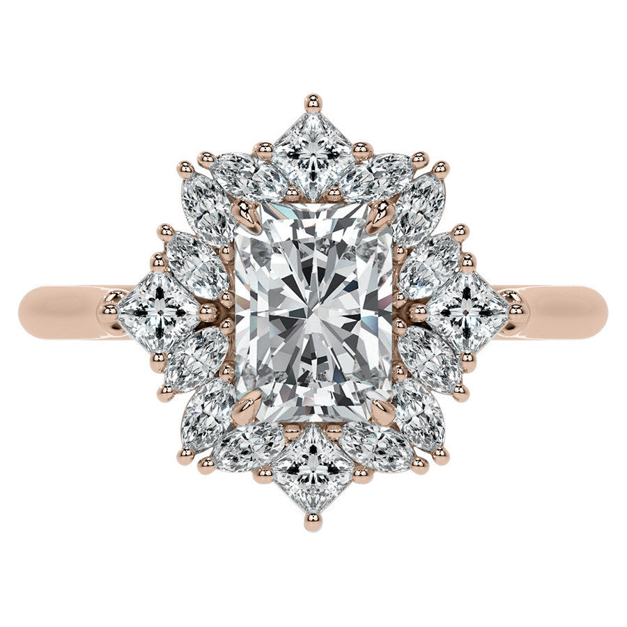 Geometric Halo Emerald / Radiant Moissanite Cathedral Engagement Ring