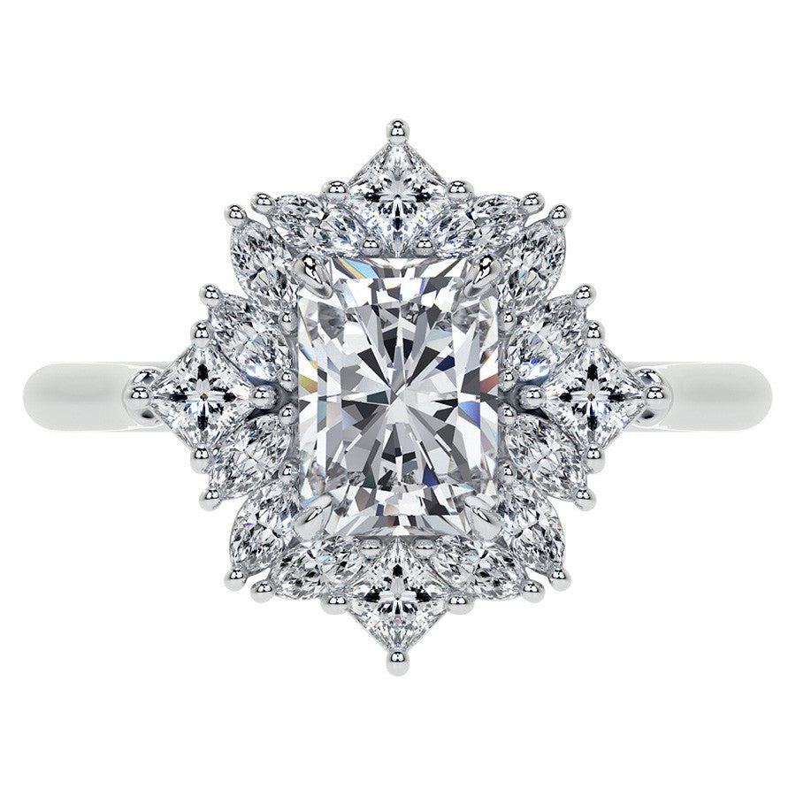 Geometric Halo Emerald / Radiant Moissanite Cathedral Engagement Ring
