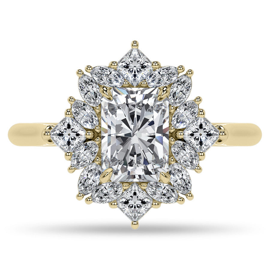 Geometric Halo Emerald / Radiant Moissanite Cathedral Engagement Ring
