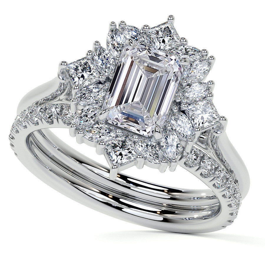 Geometric Halo Emerald / Radiant Moissanite Cathedral Engagement Ring