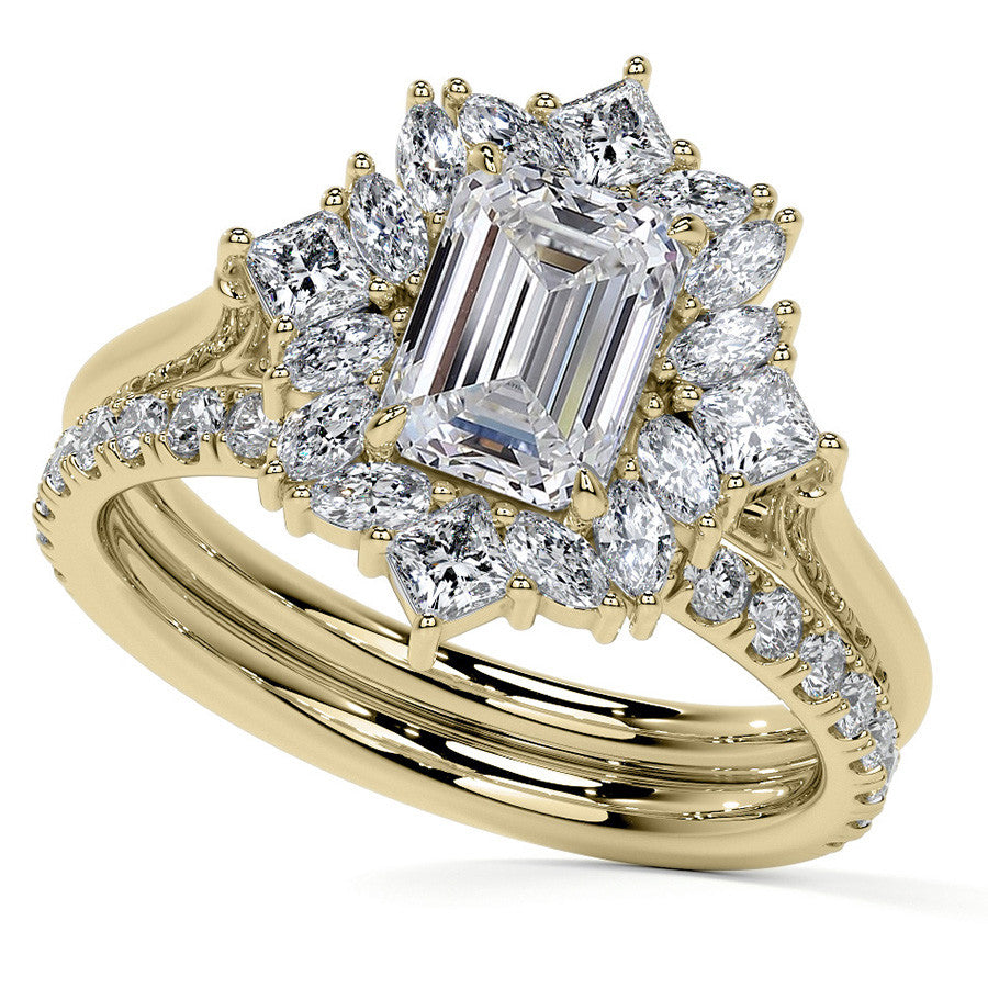 Geometric Halo Emerald / Radiant Moissanite Cathedral Engagement Ring