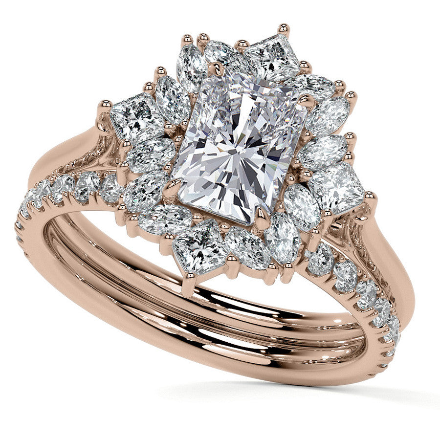 Geometric Halo Emerald / Radiant Moissanite Cathedral Engagement Ring