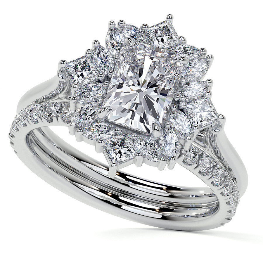 Geometric Halo Emerald / Radiant Moissanite Cathedral Engagement Ring