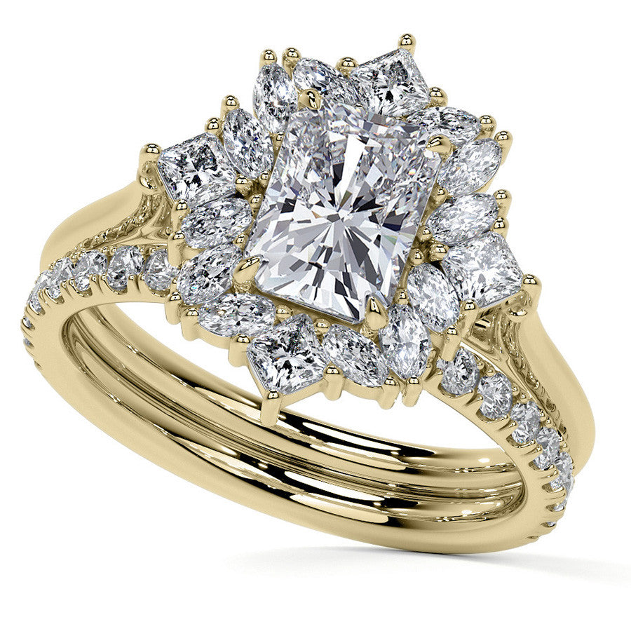 Geometric Halo Emerald / Radiant Moissanite Cathedral Engagement Ring