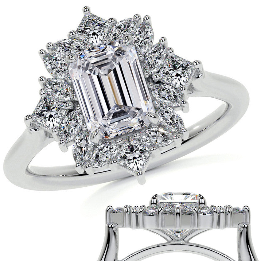 Geometric Halo Emerald / Radiant Moissanite Cathedral Engagement Ring