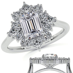 Geometric Halo Emerald / Radiant Moissanite Cathedral Engagement Ring