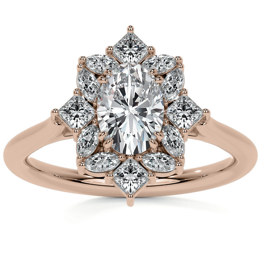 Geometric Halo Oval Moissanite Cathedral Engagement Ring