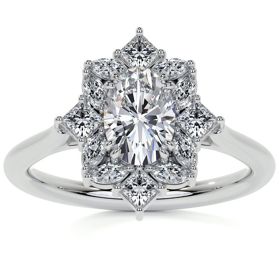 Geometric Halo Oval Moissanite Cathedral Engagement Ring