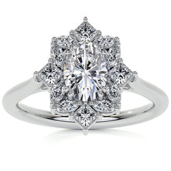 Geometric Halo Oval Moissanite Cathedral Engagement Ring