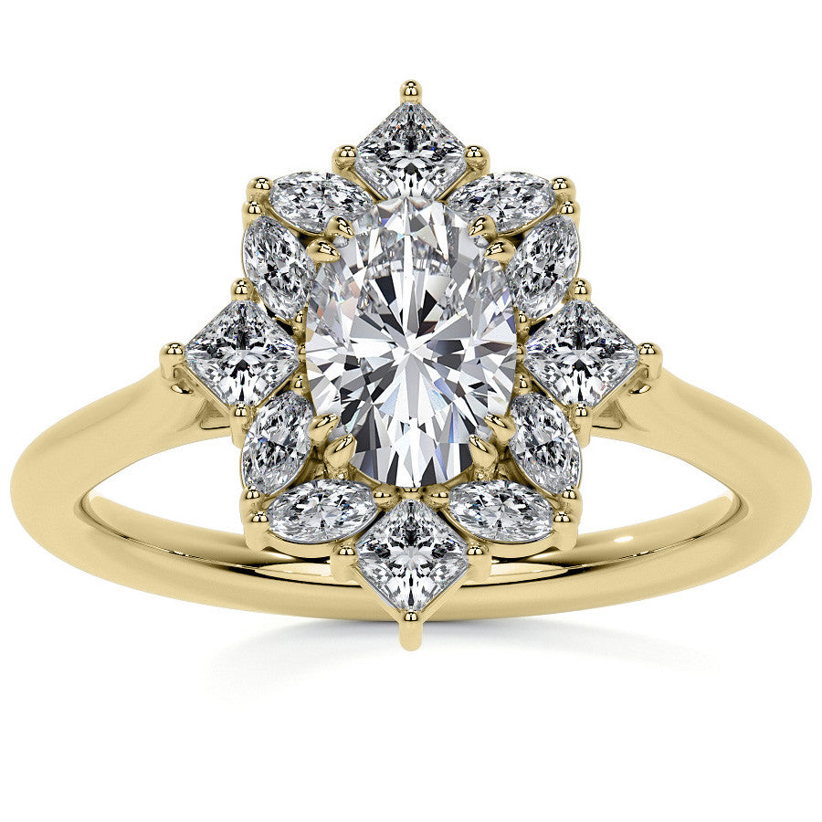 Geometric Halo Oval Moissanite Cathedral Engagement Ring