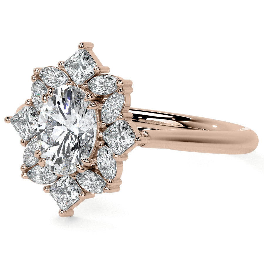Geometric Halo Oval Moissanite Cathedral Engagement Ring