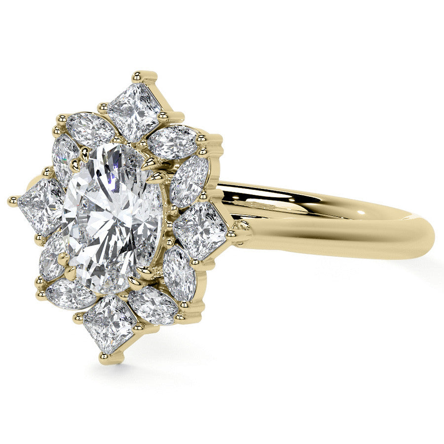 Geometric Halo Oval Moissanite Cathedral Engagement Ring