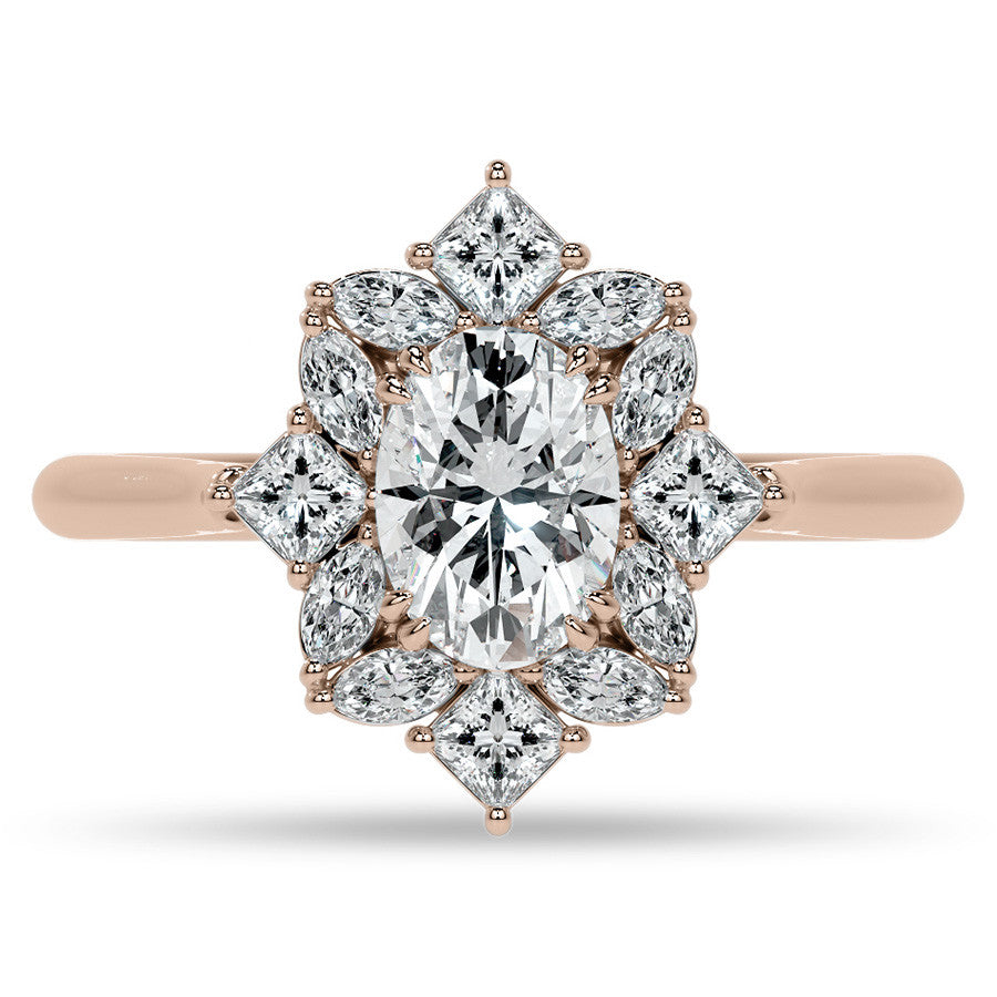 Geometric Halo Oval Moissanite Cathedral Engagement Ring