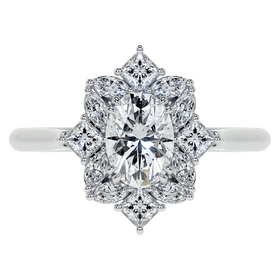 Geometric Halo Oval Moissanite Cathedral Engagement Ring