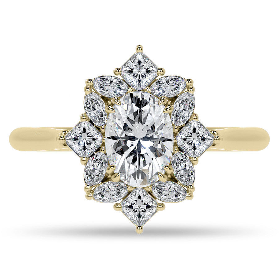 Geometric Halo Oval Moissanite Cathedral Engagement Ring