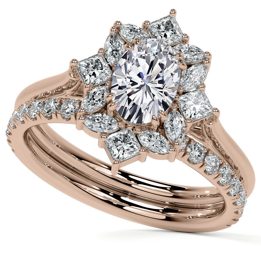 Geometric Halo Oval Moissanite Cathedral Engagement Ring