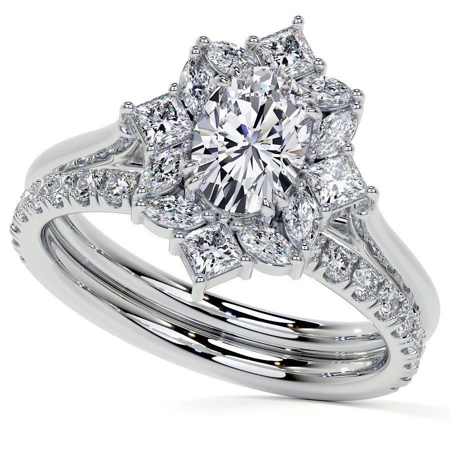 Geometric Halo Oval Moissanite Cathedral Engagement Ring