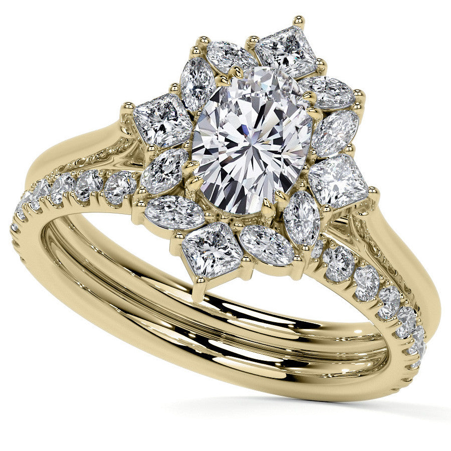 Geometric Halo Oval Moissanite Cathedral Engagement Ring