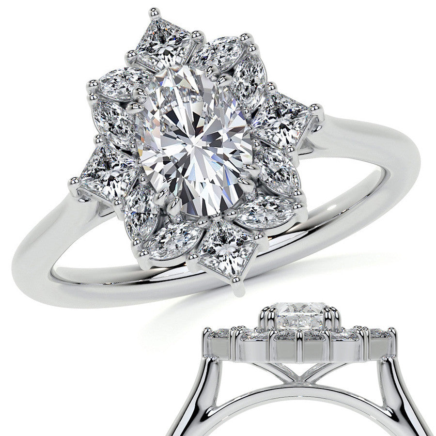 Geometric Halo Oval Moissanite Cathedral Engagement Ring