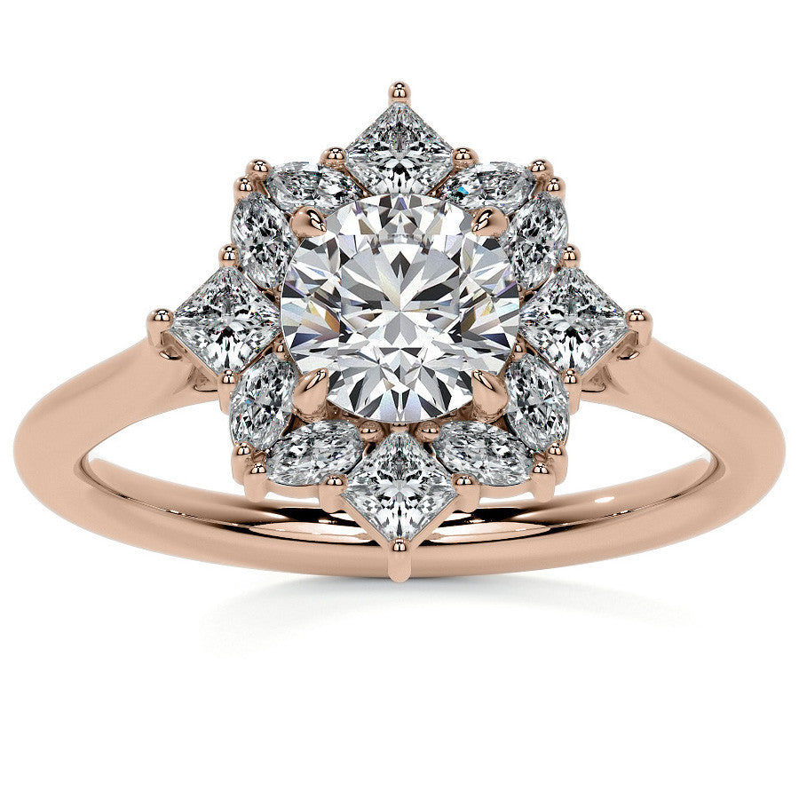 Geometric Halo Round Brilliant Moissanite Cathedral Engagement Ring