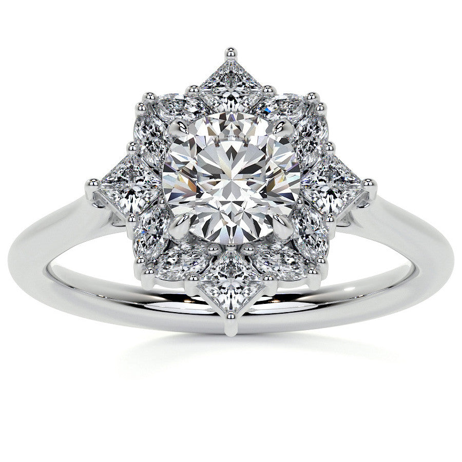 Geometric Halo Round Brilliant Moissanite Cathedral Engagement Ring