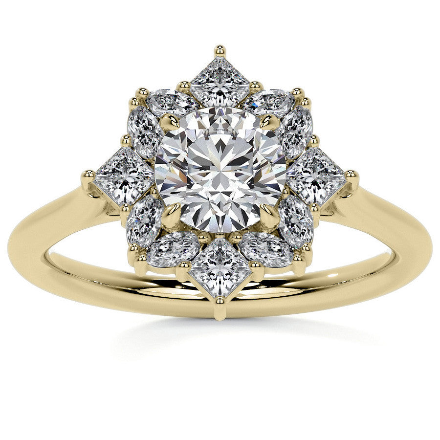 Geometric Halo Round Brilliant Moissanite Cathedral Engagement Ring