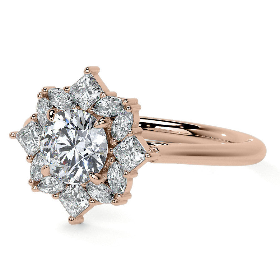 Geometric Halo Round Brilliant Moissanite Cathedral Engagement Ring
