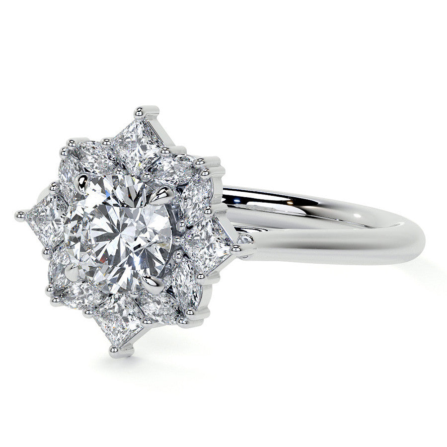 Geometric Halo Round Brilliant Moissanite Cathedral Engagement Ring