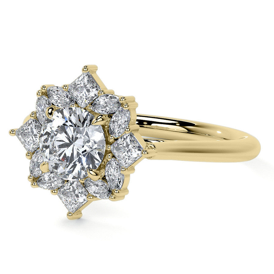 Geometric Halo Round Brilliant Moissanite Cathedral Engagement Ring