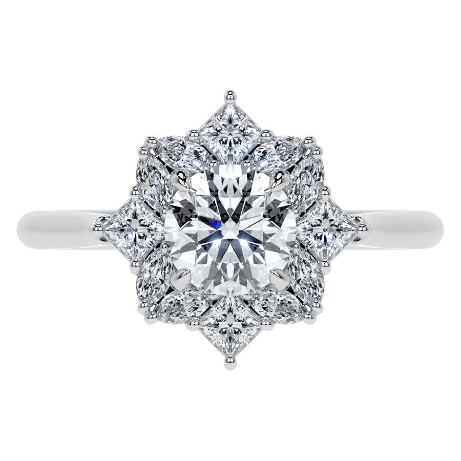 Geometric Halo Round Brilliant Moissanite Cathedral Engagement Ring