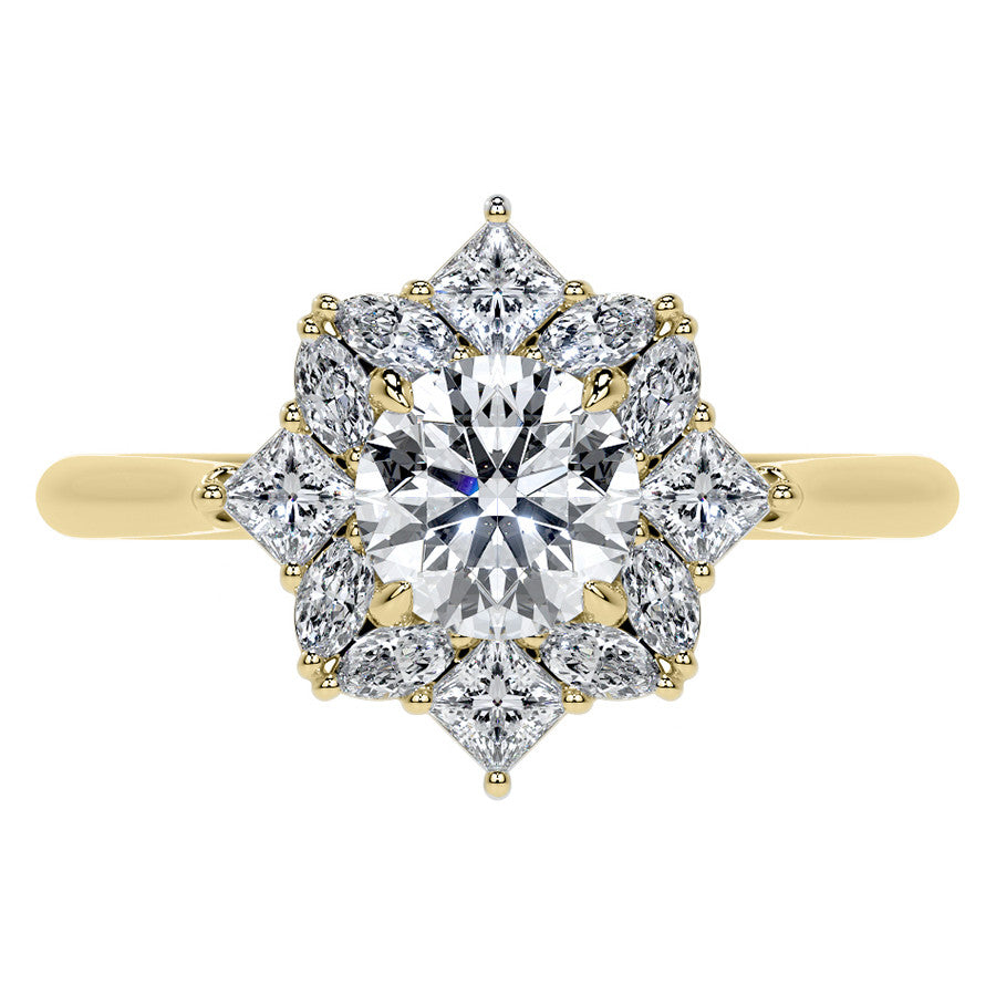 Geometric Halo Round Brilliant Moissanite Cathedral Engagement Ring