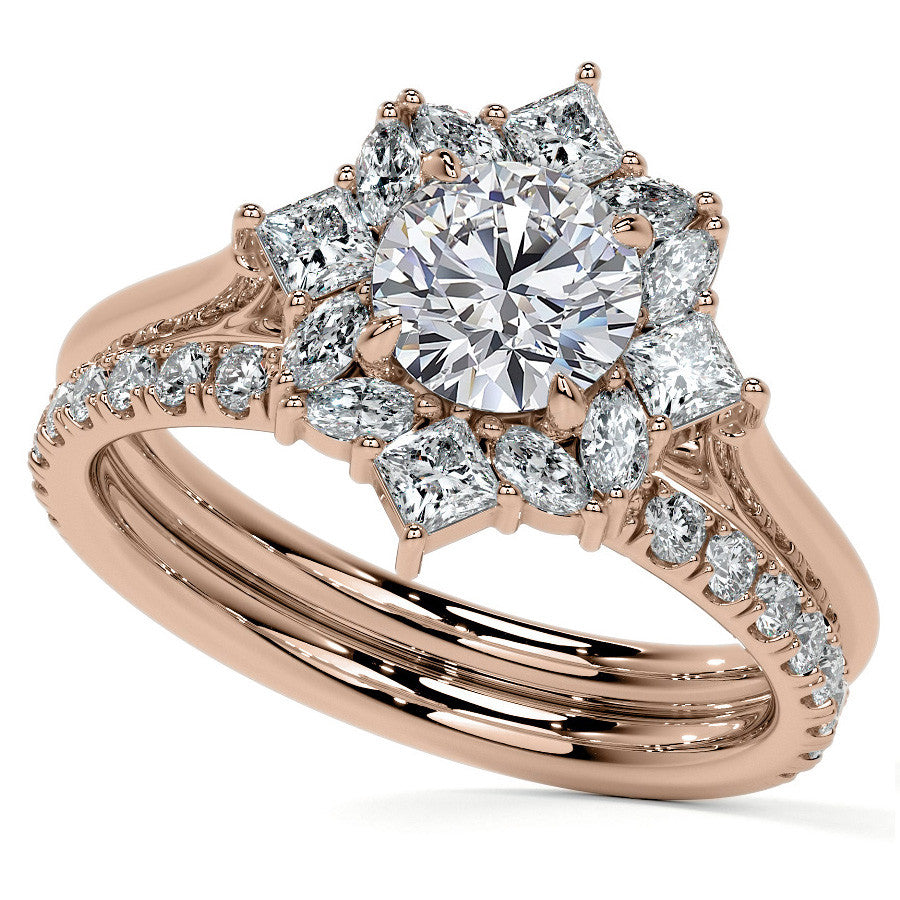 Geometric Halo Round Brilliant Moissanite Cathedral Engagement Ring