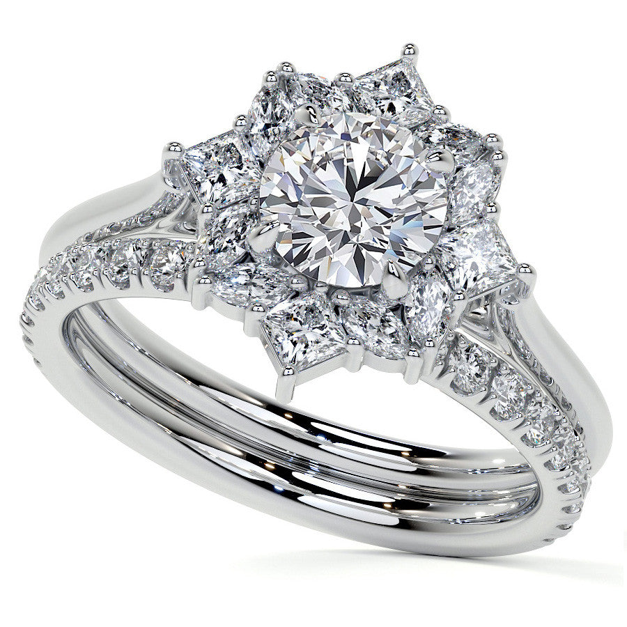 Geometric Halo Round Brilliant Moissanite Cathedral Engagement Ring