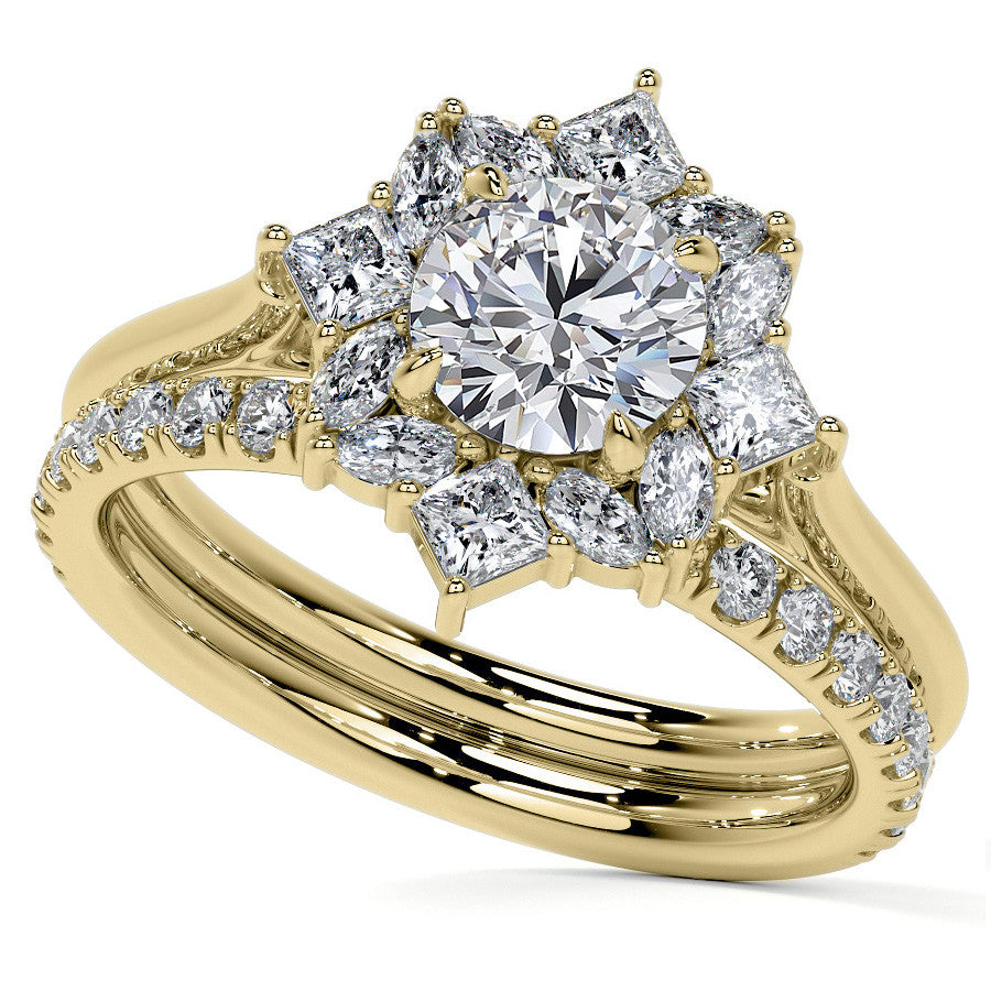 Geometric Halo Round Brilliant Moissanite Cathedral Engagement Ring