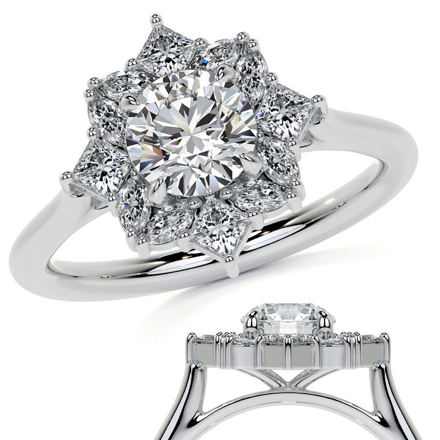 Geometric Halo Round Brilliant Moissanite Cathedral Engagement Ring