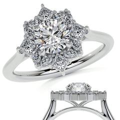 Geometric Halo Round Brilliant Moissanite Cathedral Engagement Ring