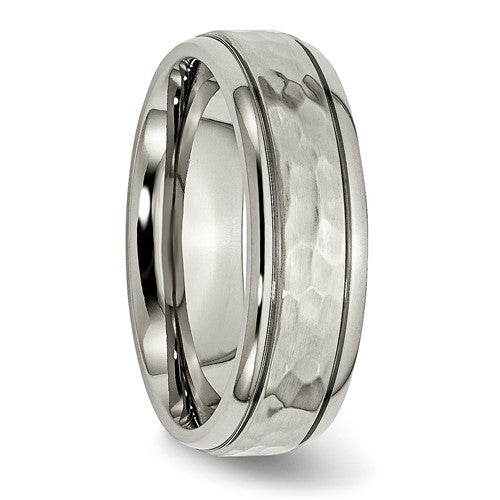 Titanium Polished and Hammered 7mm Grooved Edge Band