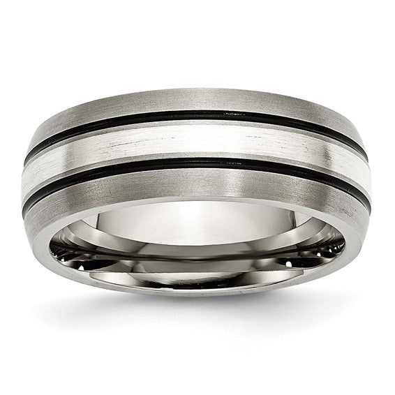 Titanium Antiqued/Brushed with Sterling Silver Inlay 8mm Grooved
