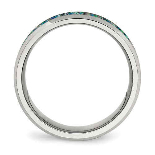 Stainless Steel with Blue Imitation Opal Inlay 8mm Band