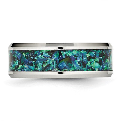 Stainless Steel with Blue Imitation Opal Inlay 8mm Band
